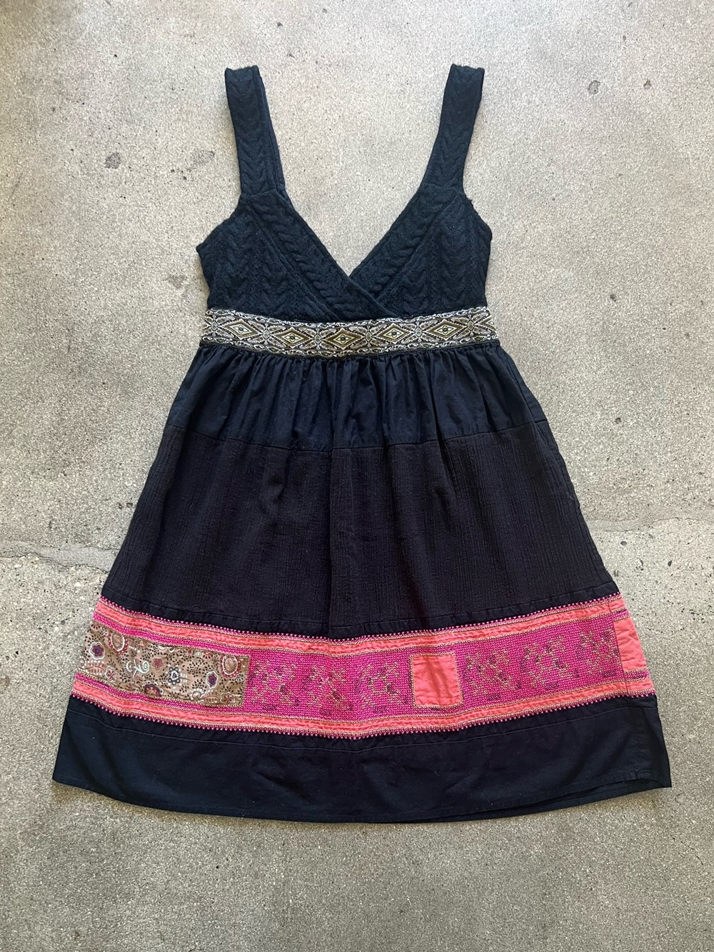 Free People Black Short Dress with Pink Embroidered Tribal Trim